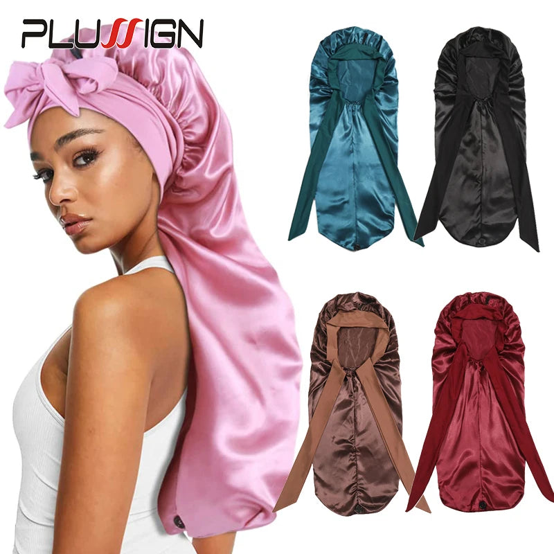 Bonnet long en satin doux et soyeux pour cheveux naturels et cheveux bouclés, taille extra large, capuchon avec lien pour un sommeil confortable de nuit