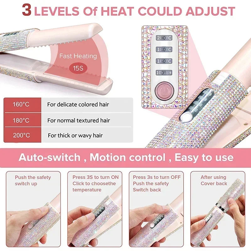 Brosse lissante et boucleuse électrique 2-en-1 USB avec design en diamant coloré, sans fil, idéale pour les voyages.