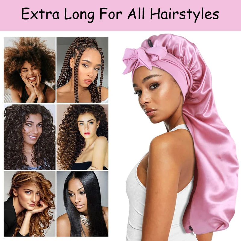 Bonnet long en satin doux et soyeux pour cheveux naturels et cheveux bouclés, taille extra large, capuchon avec lien pour un sommeil confortable de nuit
