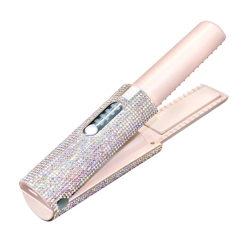 Brosse lissante et boucleuse électrique 2-en-1 USB avec design en diamant coloré, sans fil, idéale pour les voyages.