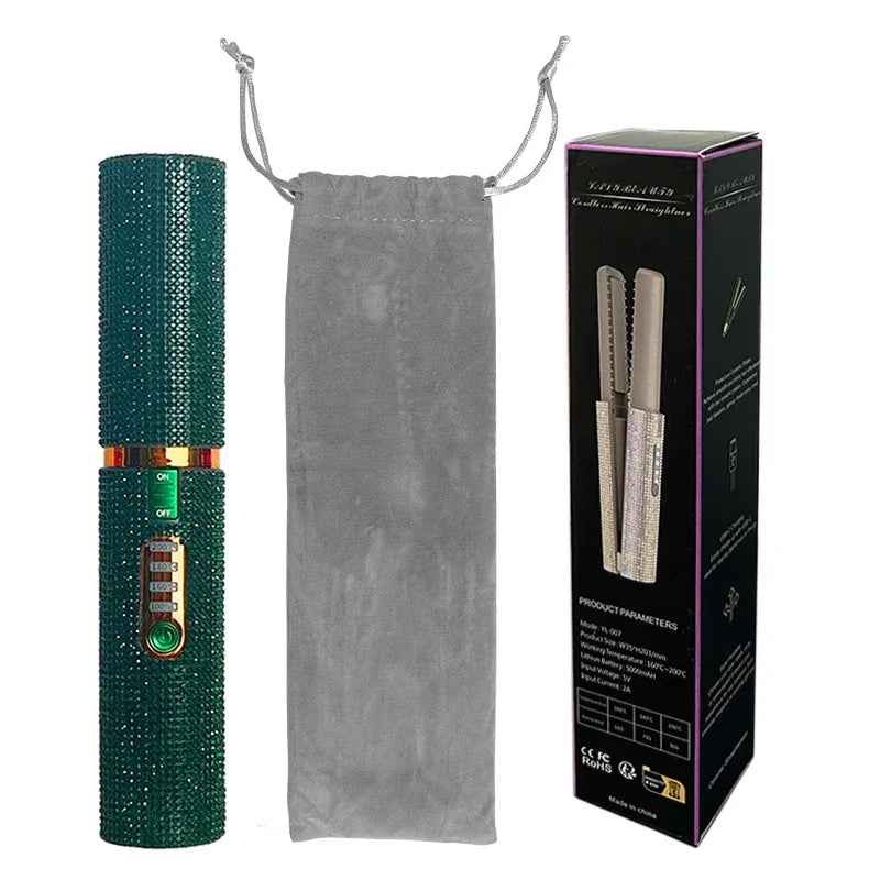 Brosse lissante et boucleuse électrique 2-en-1 USB avec design en diamant coloré, sans fil, idéale pour les voyages.