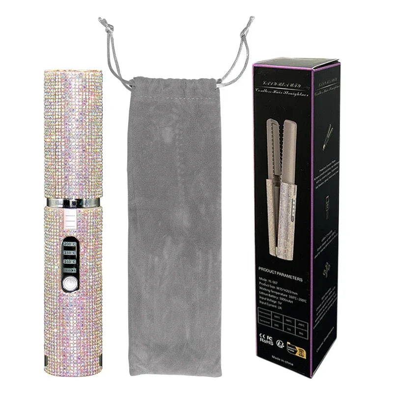 Brosse lissante et boucleuse électrique 2-en-1 USB avec design en diamant coloré, sans fil, idéale pour les voyages.