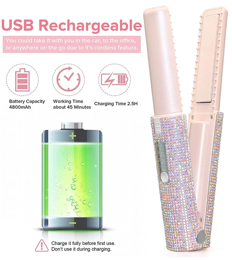 Brosse lissante et boucleuse électrique 2-en-1 USB avec design en diamant coloré, sans fil, idéale pour les voyages.