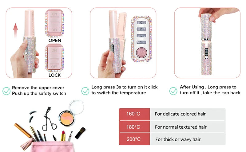 Brosse lissante et boucleuse électrique 2-en-1 USB avec design en diamant coloré, sans fil, idéale pour les voyages.