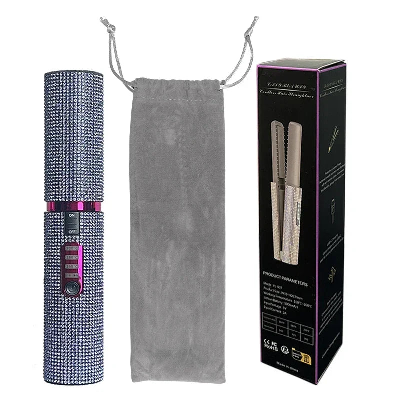Brosse lissante et boucleuse électrique 2-en-1 USB avec design en diamant coloré, sans fil, idéale pour les voyages.