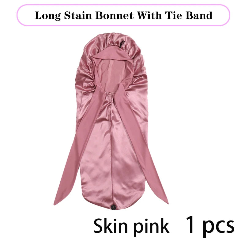 Bonnet long en satin doux et soyeux pour cheveux naturels et cheveux bouclés, taille extra large, capuchon avec lien pour un sommeil confortable de nuit