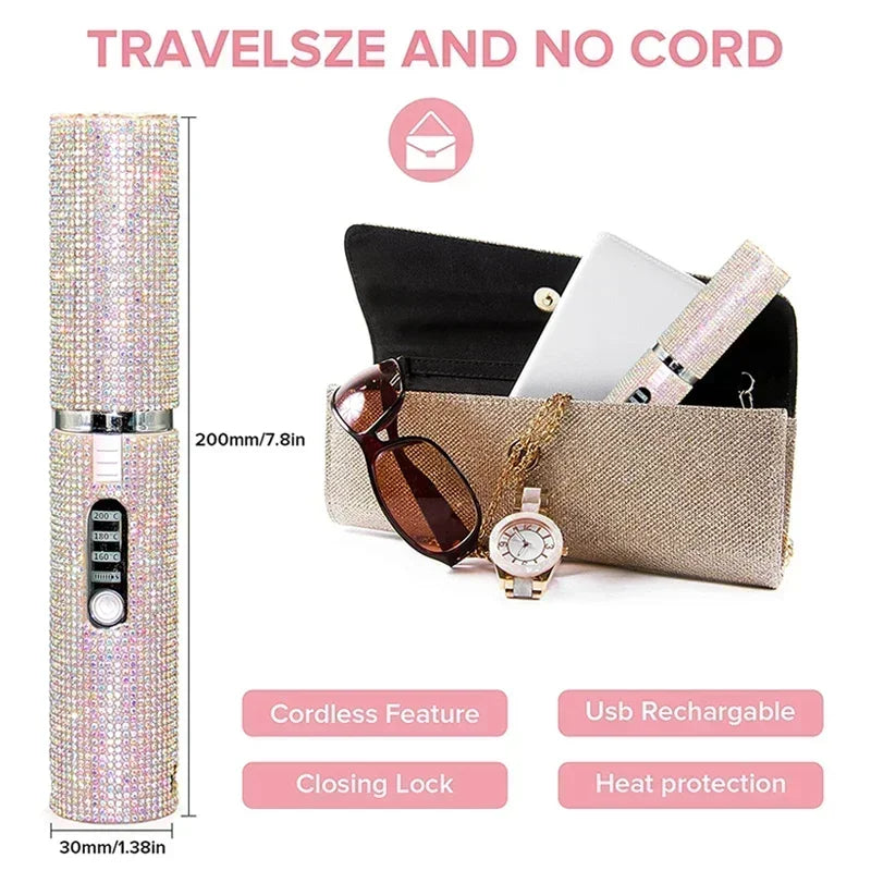 Brosse lissante et boucleuse électrique 2-en-1 USB avec design en diamant coloré, sans fil, idéale pour les voyages.