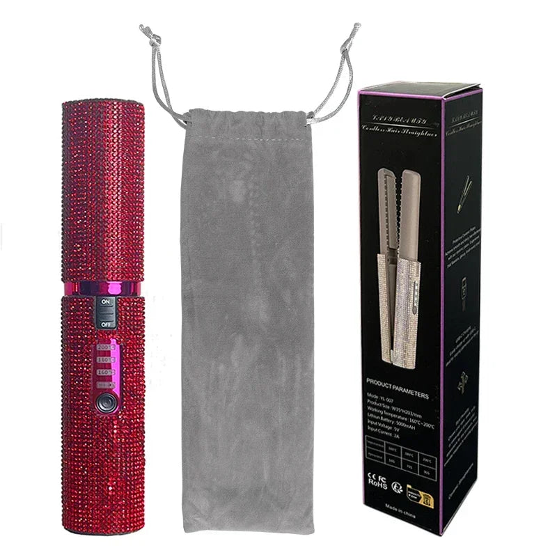 Brosse lissante et boucleuse électrique 2-en-1 USB avec design en diamant coloré, sans fil, idéale pour les voyages.