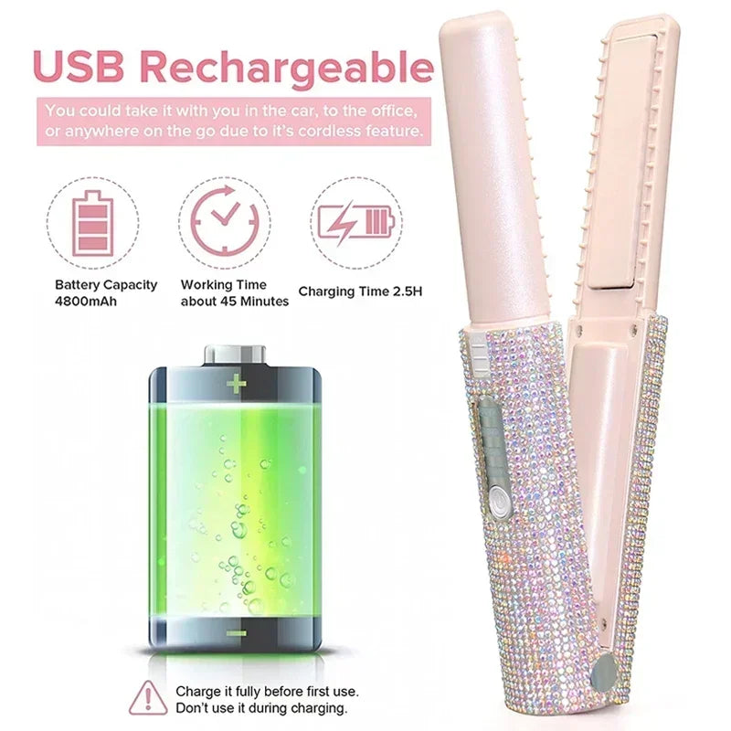 Brosse lissante et boucleuse électrique 2-en-1 USB avec design en diamant coloré, sans fil, idéale pour les voyages.
