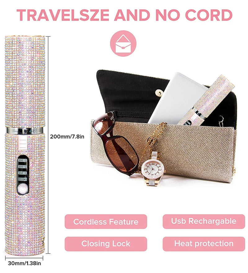 Brosse lissante et boucleuse électrique 2-en-1 USB avec design en diamant coloré, sans fil, idéale pour les voyages.