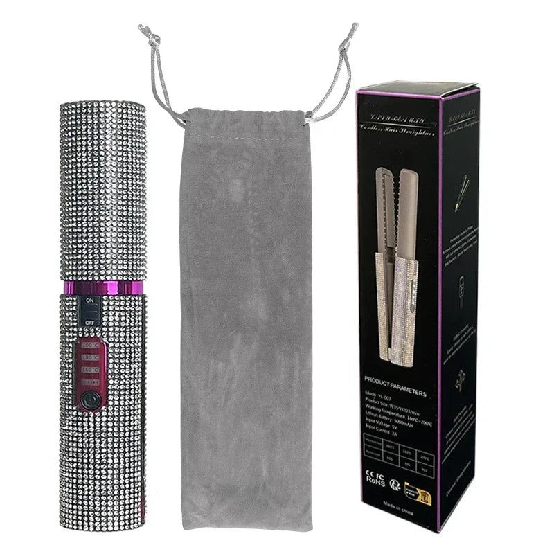 Brosse lissante et boucleuse électrique 2-en-1 USB avec design en diamant coloré, sans fil, idéale pour les voyages.