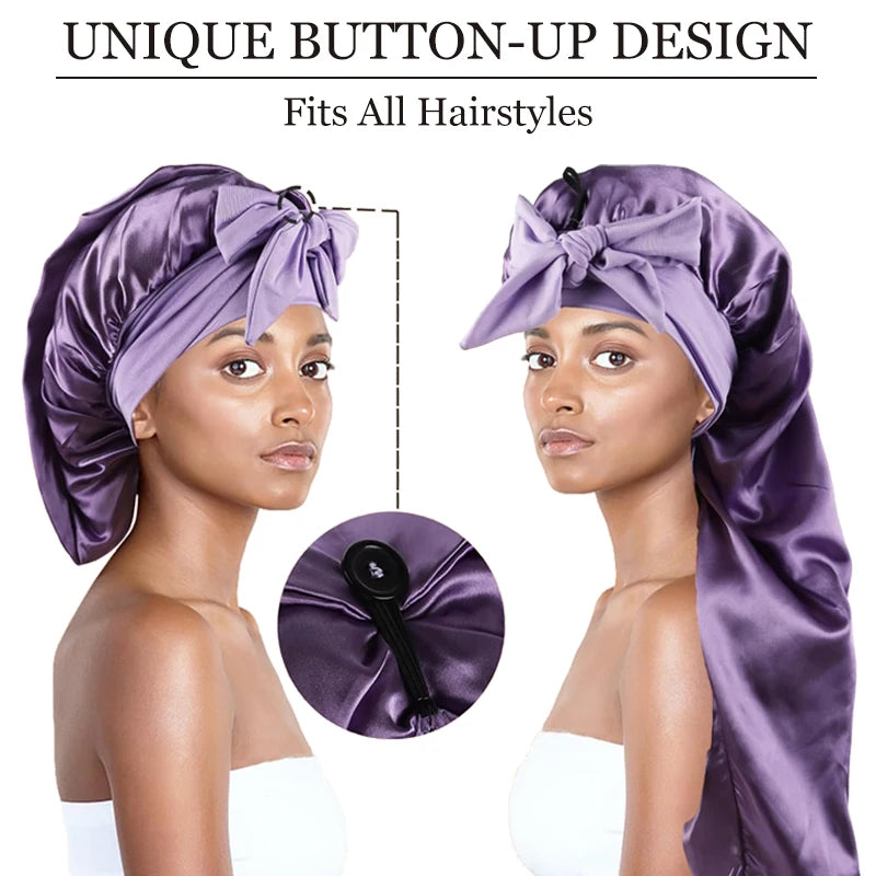 Bonnet long en satin doux et soyeux pour cheveux naturels et cheveux bouclés, taille extra large, capuchon avec lien pour un sommeil confortable de nuit
