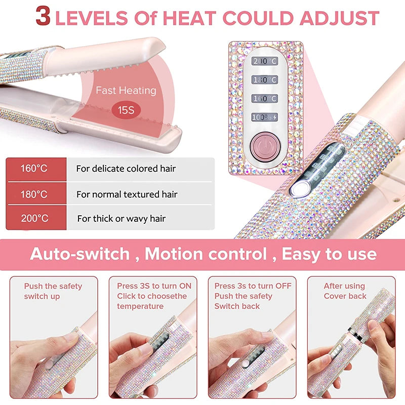 Brosse lissante et boucleuse électrique 2-en-1 USB avec design en diamant coloré, sans fil, idéale pour les voyages.