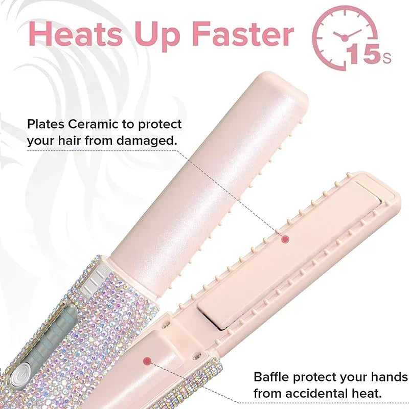 Brosse lissante et boucleuse électrique 2-en-1 USB avec design en diamant coloré, sans fil, idéale pour les voyages.