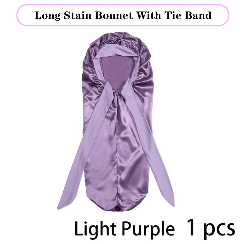 Bonnet long en satin doux et soyeux pour cheveux naturels et cheveux bouclés, taille extra large, capuchon avec lien pour un sommeil confortable de nuit
