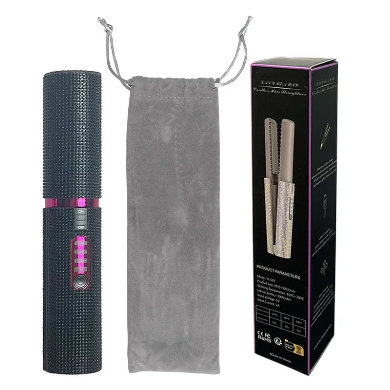 Brosse lissante et boucleuse électrique 2-en-1 USB avec design en diamant coloré, sans fil, idéale pour les voyages.