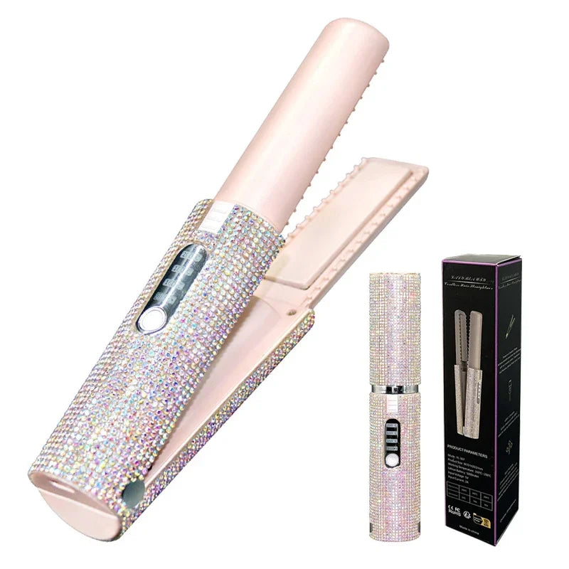 Brosse lissante et boucleuse électrique 2-en-1 USB avec design en diamant coloré, sans fil, idéale pour les voyages.