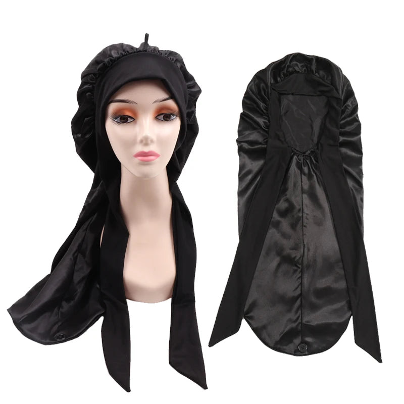 Bonnet long en satin doux et soyeux pour cheveux naturels et cheveux bouclés, taille extra large, capuchon avec lien pour un sommeil confortable de nuit