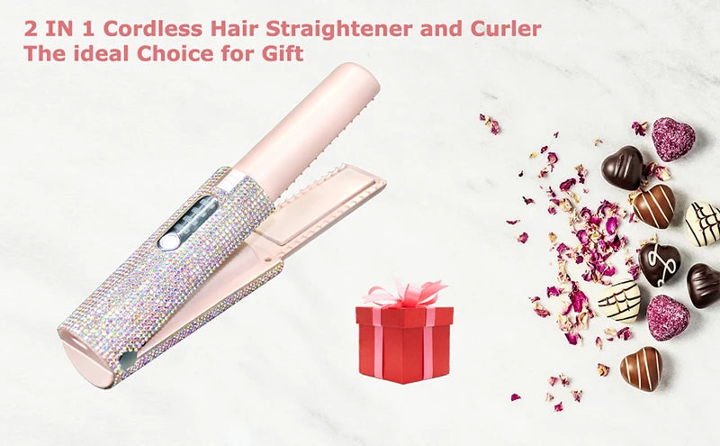 Brosse lissante et boucleuse électrique 2-en-1 USB avec design en diamant coloré, sans fil, idéale pour les voyages.