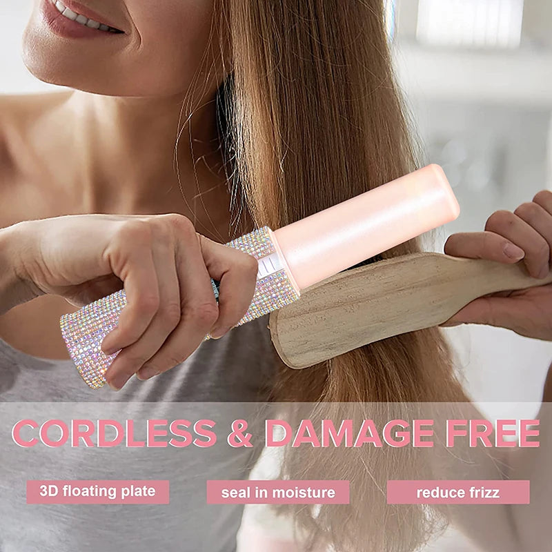 Brosse lissante et boucleuse électrique 2-en-1 USB avec design en diamant coloré, sans fil, idéale pour les voyages.