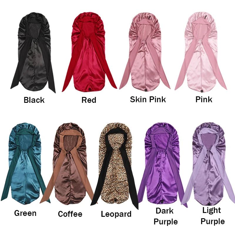 Bonnet long en satin doux et soyeux pour cheveux naturels et cheveux bouclés, taille extra large, capuchon avec lien pour un sommeil confortable de nuit
