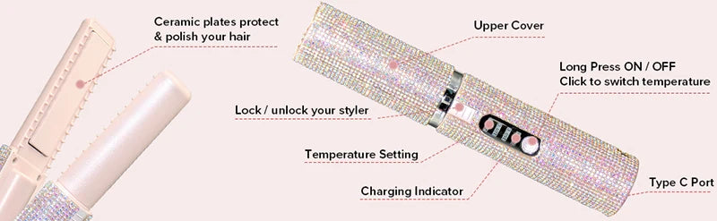 Brosse lissante et boucleuse électrique 2-en-1 USB avec design en diamant coloré, sans fil, idéale pour les voyages.