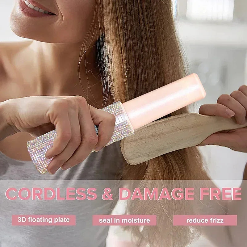 Brosse lissante et boucleuse électrique 2-en-1 USB avec design en diamant coloré, sans fil, idéale pour les voyages.