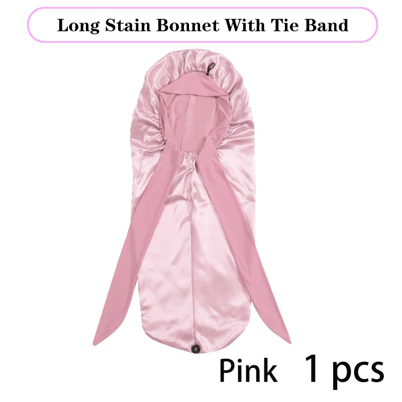 Bonnet long en satin doux et soyeux pour cheveux naturels et cheveux bouclés, taille extra large, capuchon avec lien pour un sommeil confortable de nuit
