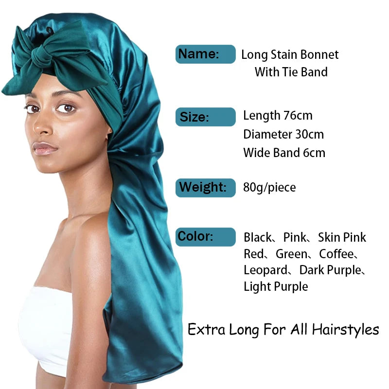 Bonnet long en satin doux et soyeux pour cheveux naturels et cheveux bouclés, taille extra large, capuchon avec lien pour un sommeil confortable de nuit