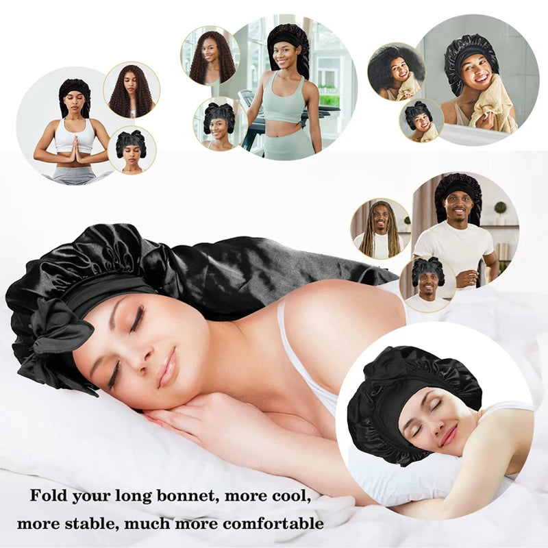 Bonnet long en satin doux et soyeux pour cheveux naturels et cheveux bouclés, taille extra large, capuchon avec lien pour un sommeil confortable de nuit