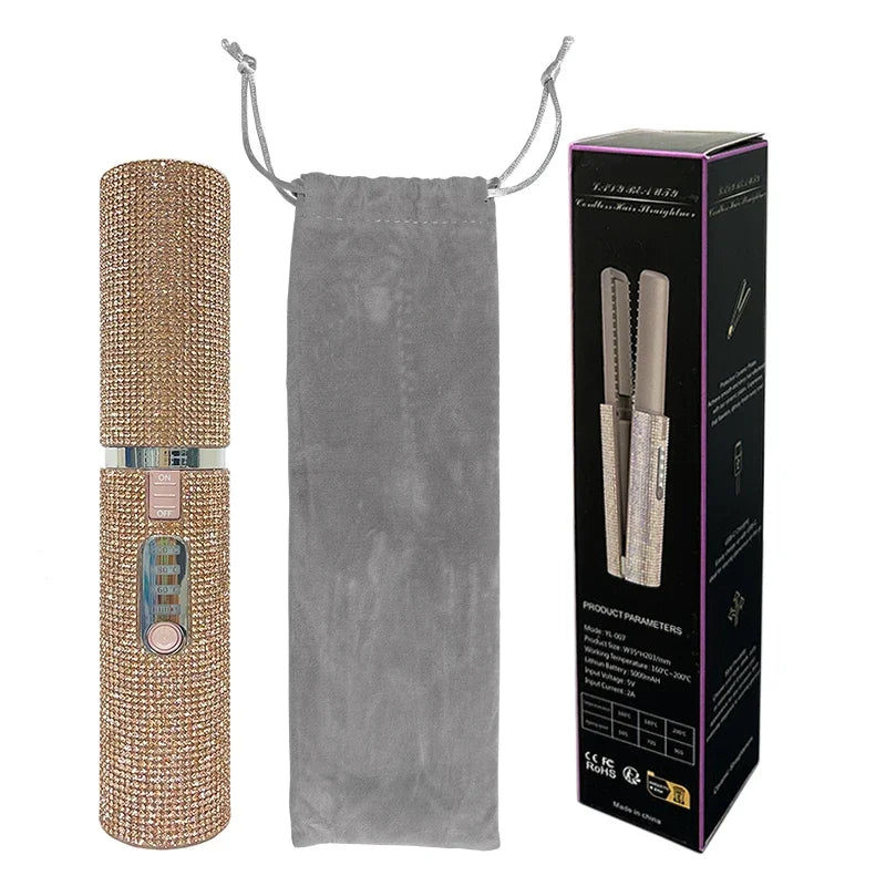 Brosse lissante et boucleuse électrique 2-en-1 USB avec design en diamant coloré, sans fil, idéale pour les voyages.