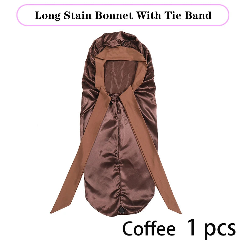 Bonnet long en satin doux et soyeux pour cheveux naturels et cheveux bouclés, taille extra large, capuchon avec lien pour un sommeil confortable de nuit