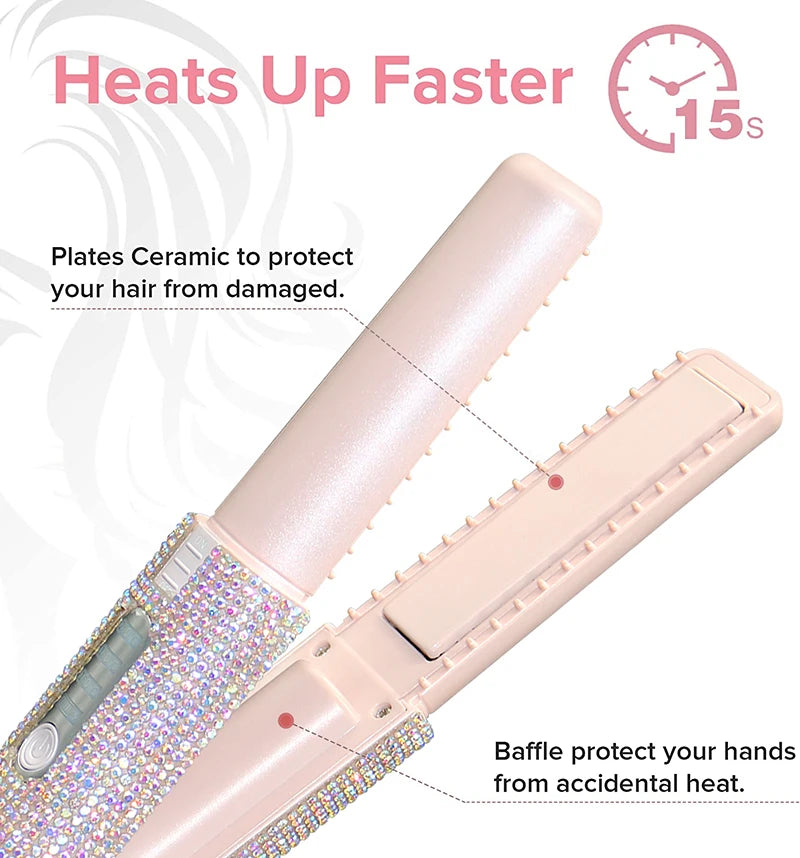 Brosse lissante et boucleuse électrique 2-en-1 USB avec design en diamant coloré, sans fil, idéale pour les voyages.