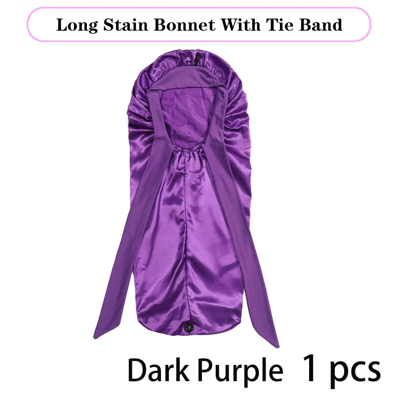 Bonnet long en satin doux et soyeux pour cheveux naturels et cheveux bouclés, taille extra large, capuchon avec lien pour un sommeil confortable de nuit