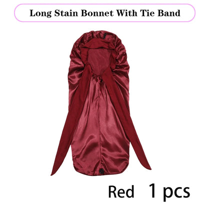 Bonnet long en satin doux et soyeux pour cheveux naturels et cheveux bouclés, taille extra large, capuchon avec lien pour un sommeil confortable de nuit