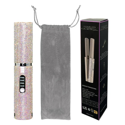 Brosse lissante et boucleuse électrique 2-en-1  USB avec design en diamant coloré, sans fil, idéale pour les voyages.