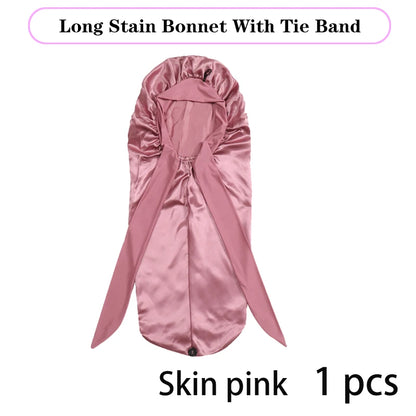 Bonnet long en satin doux et soyeux pour cheveux naturels et cheveux bouclés, taille extra large, capuchon avec lien pour un sommeil confortable de nuit