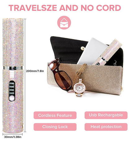Brosse lissante et boucleuse électrique 2-en-1  USB avec design en diamant coloré, sans fil, idéale pour les voyages.