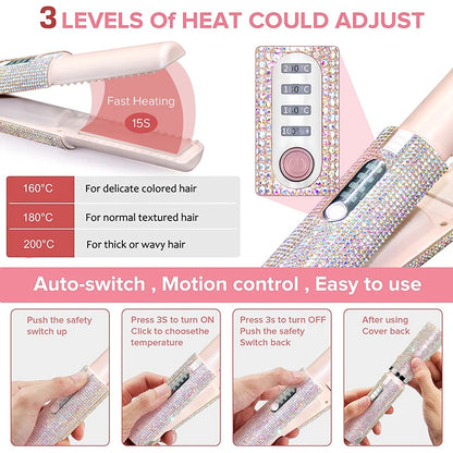 Brosse lissante et boucleuse électrique 2-en-1  USB avec design en diamant coloré, sans fil, idéale pour les voyages.