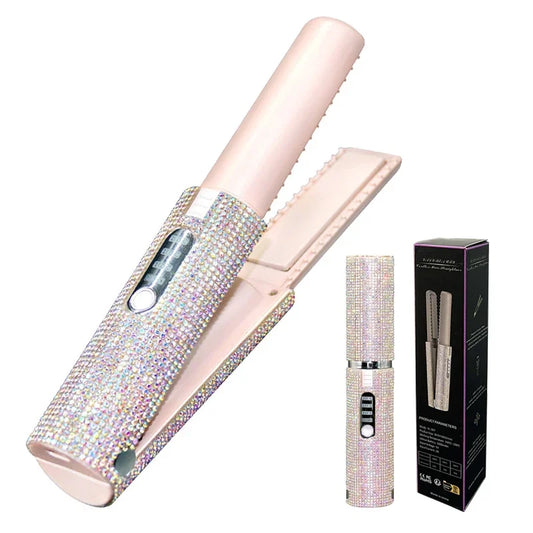 Brosse lissante et boucleuse électrique 2-en-1  USB avec design en diamant coloré, sans fil, idéale pour les voyages.