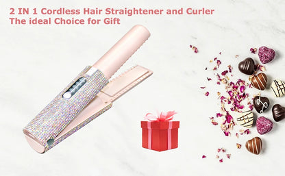 Brosse lissante et boucleuse électrique 2-en-1  USB avec design en diamant coloré, sans fil, idéale pour les voyages.