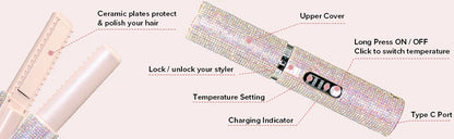 Brosse lissante et boucleuse électrique 2-en-1  USB avec design en diamant coloré, sans fil, idéale pour les voyages.