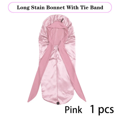 Bonnet long en satin doux et soyeux pour cheveux naturels et cheveux bouclés, taille extra large, capuchon avec lien pour un sommeil confortable de nuit